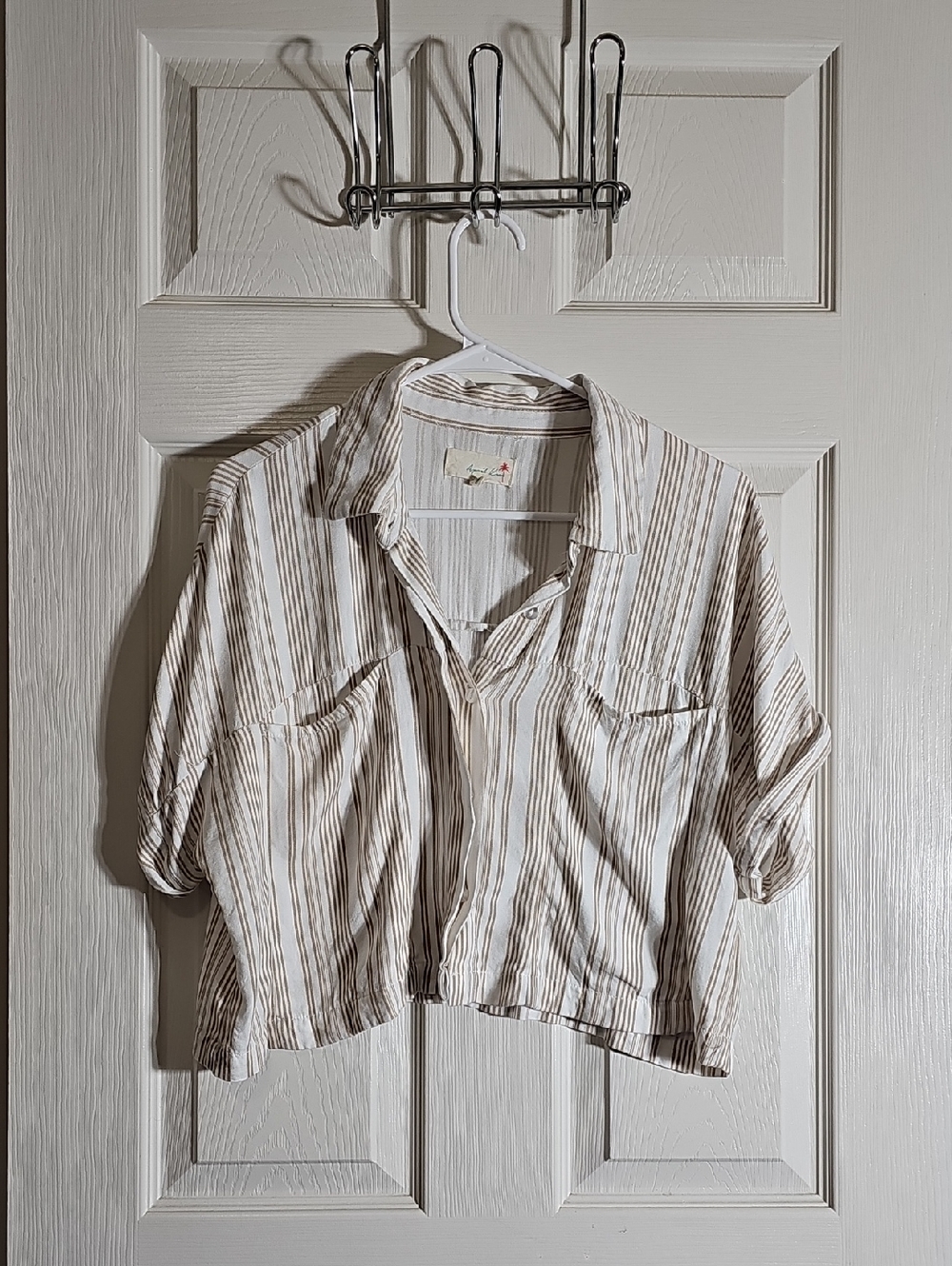 April Kiss Linen Rayon Blend Button Up Short Sleeve Striped Collar Shirt Size L